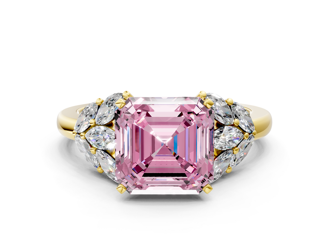 Yellow gold Fancy Pink Asscher  Diamond Cluster Leaf Design Ring with Prong Setting_16