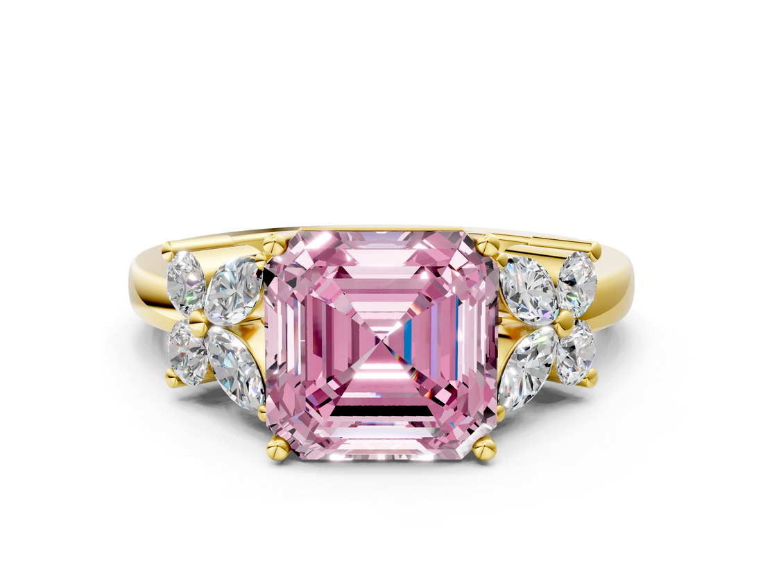 Yellow gold Fancy Pink Asscher  Diamond Floral Cluster Ring with Solitaire Band and Prong Setting