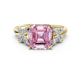Yellow gold Fancy Pink Asscher  Diamond Floral Cluster Ring with Solitaire Band and Prong Setting