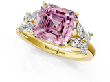 Yellow gold Fancy Pink Asscher  Diamond Floral Cluster Ring with Solitaire Band and Prong Setting_1
