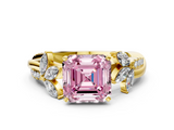 Yellow gold Fancy Pink Asscher  Diamond Floral Vine Solitaire Engagement Ring