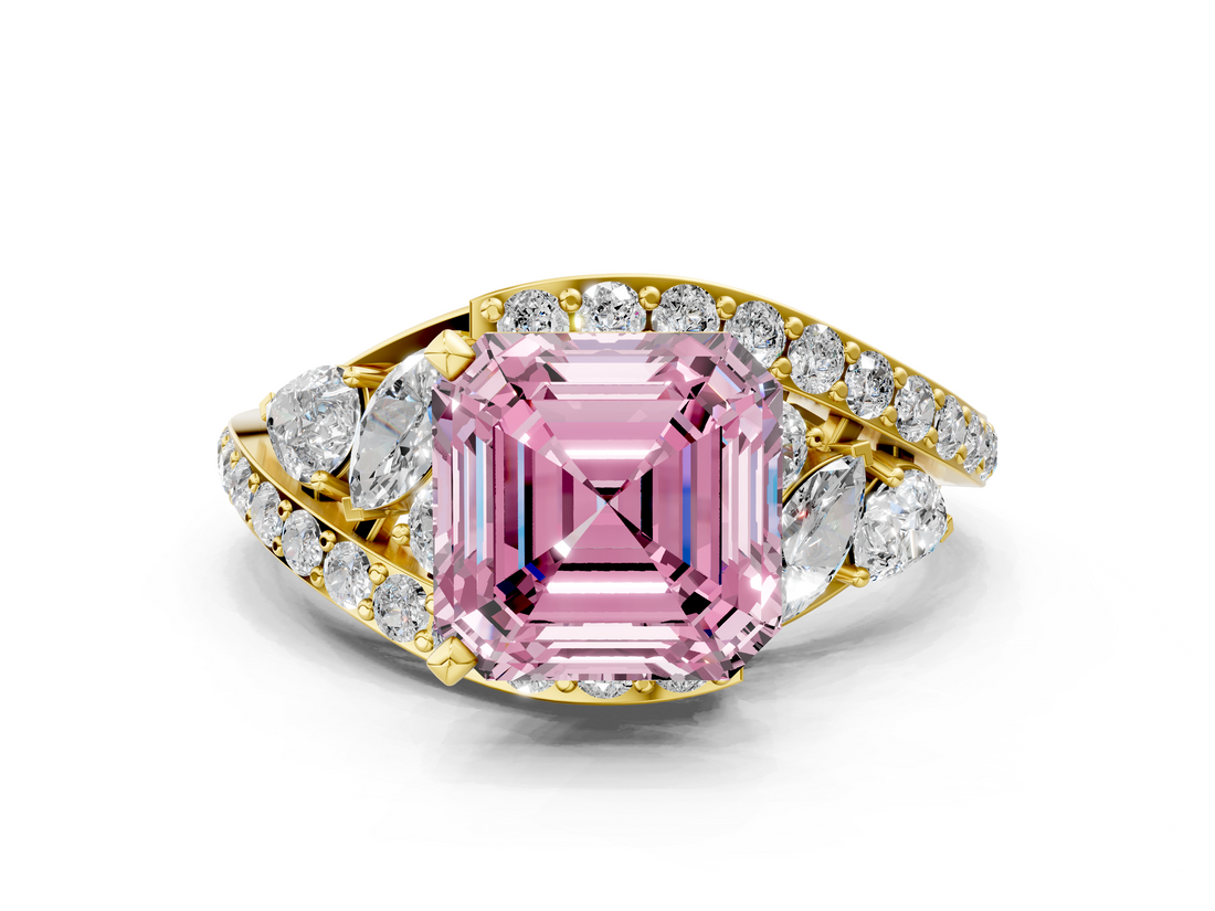 Yellow gold Fancy Pink Asscher  Diamond Halo Ring with Marquise and Pavé Band in Prong Setting_17