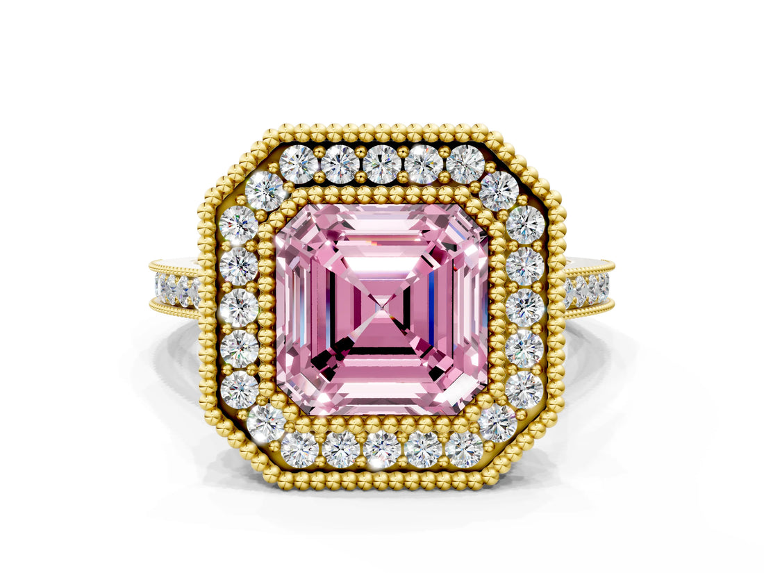 Yellow gold Fancy Pink Asscher  Diamond Halo Ring with Milgrain Frame and Pavé Band_94