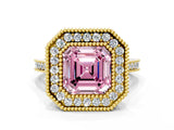 Yellow gold Fancy Pink Asscher  Diamond Halo Ring with Milgrain Frame and Pavé Band_94