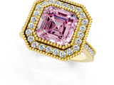 Yellow gold Fancy Pink Asscher  Diamond Halo Ring with Milgrain Frame and Pavé Band_95