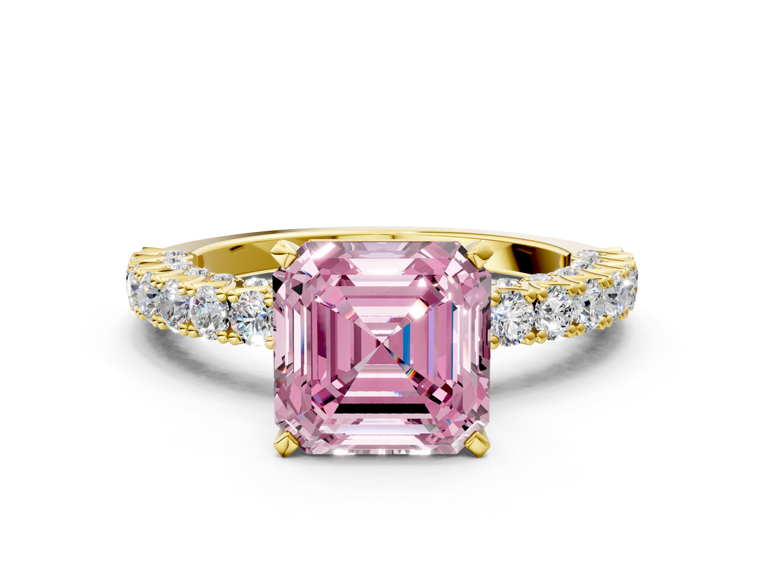 Yellow gold Fancy Pink Asscher  Diamond Pavé Band Solitaire Ring with Four-Prong Setting