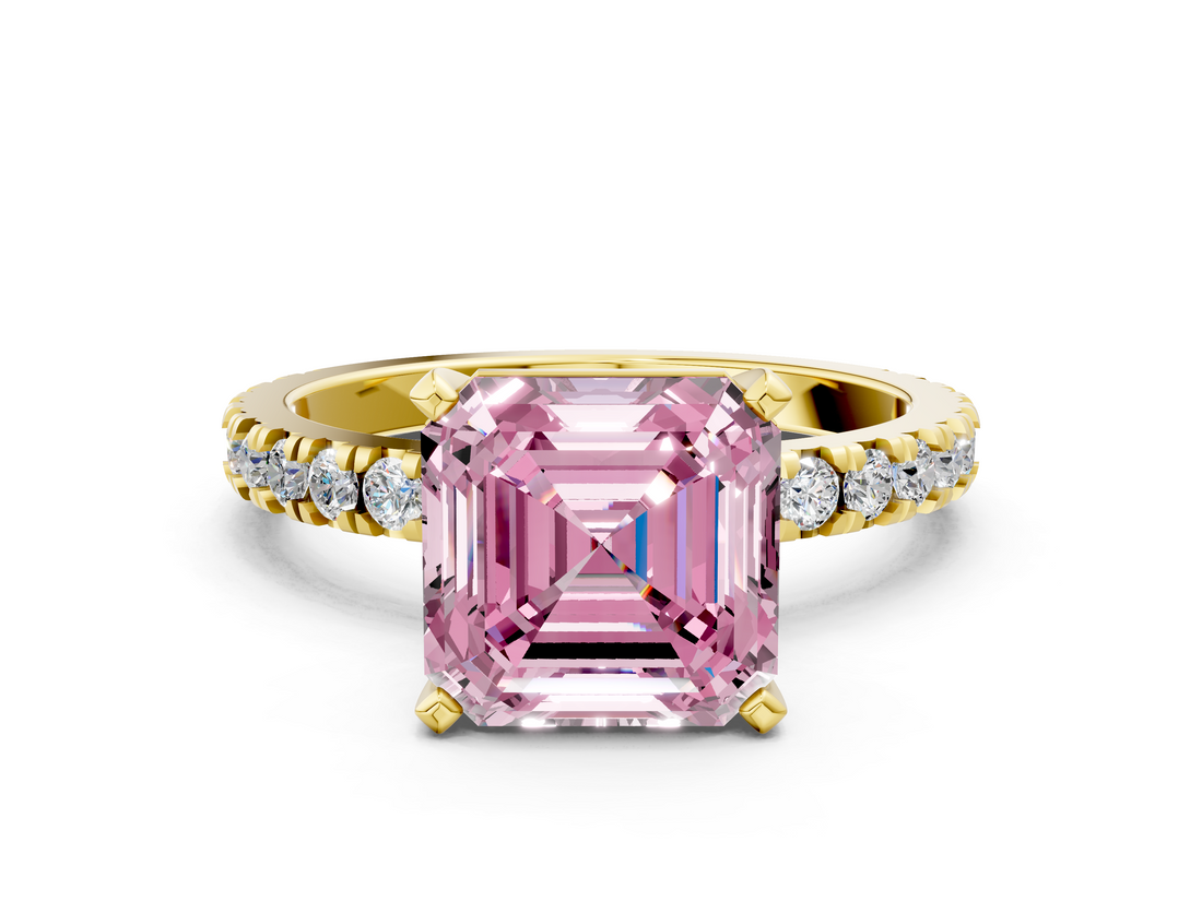 Yellow gold Fancy Pink Asscher  Diamond Pavé Band Solitaire with Four-Prong Setting