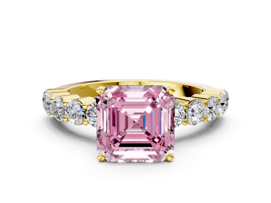 Yellow gold Fancy Pink Asscher  Diamond Pavé Band Solitaire with Four-Prong Setting_36