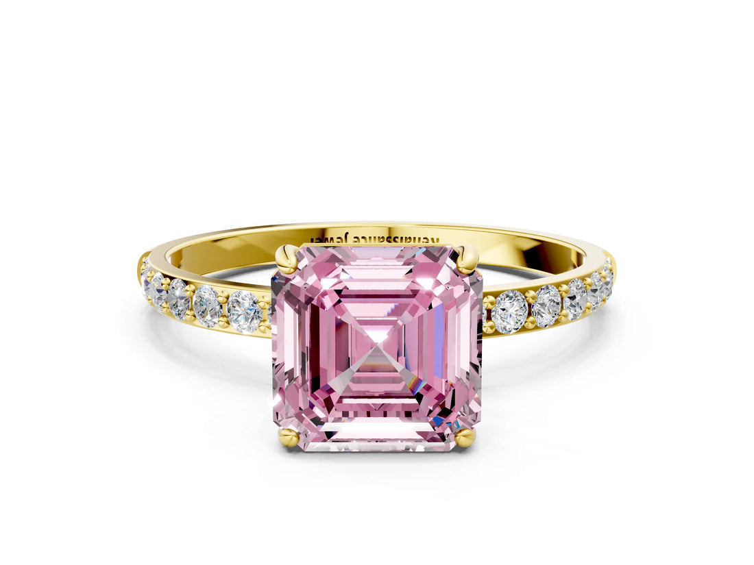 Yellow gold Fancy Pink Asscher  Diamond Pavé Band with Six-Prong Setting_19