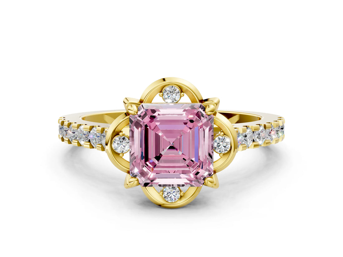Yellow gold Fancy Pink Asscher  Diamond Pave Band with Floral Prong Setting_27