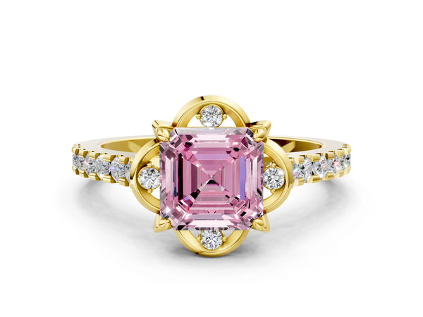 Yellow Gold Asscher Cut Floral Petal Pave Engagement Ring Setting for Fancy Pink Center