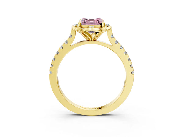 Yellow Gold Asscher Cut Floral Petal Pave Engagement Ring Setting for Fancy Pink Center