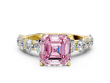 Yellow gold Fancy Pink Asscher  Diamond Prong Setting with Side Stones on a Pave Band
