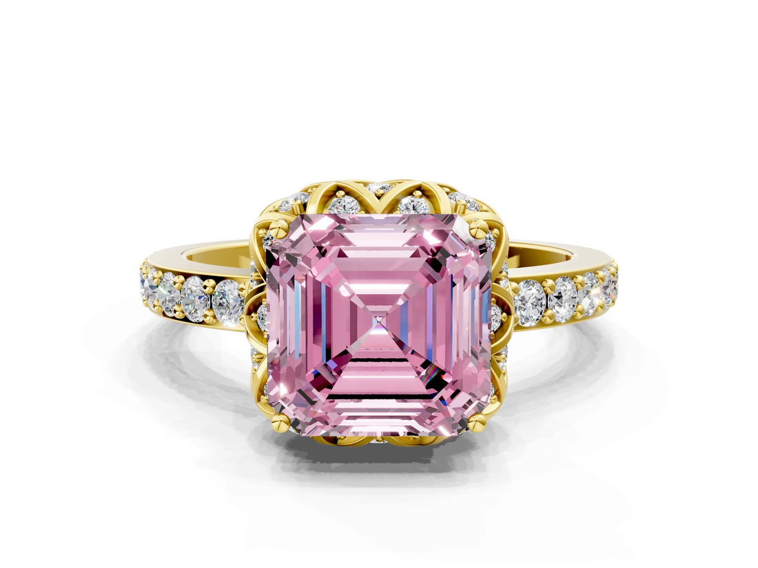 Yellow gold Fancy Pink Asscher  Diamond Solitaire Ring with Shared Prong Pavé Band_28