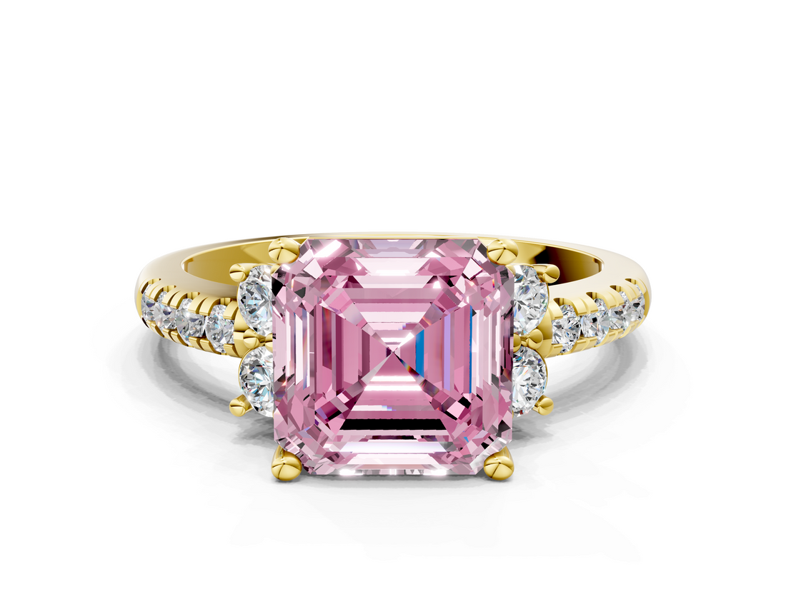 Yellow gold Fancy Pink Asscher  Diamond Three-Stone Pave Band with Four-Prong Setting_17