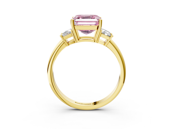 Yellow Gold Asscher Cut Three Stone Engagement Ring Setting for Fancy Pink Center with Trapezoid Side Stones