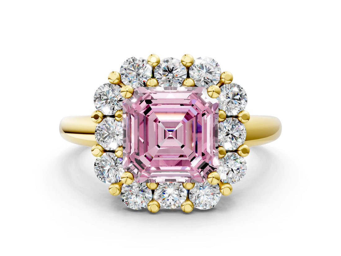 Yellow gold Fancy Pink Asscher  Halo Cluster Diamond Engagement Ring with Prong Setting and Polished Band_25