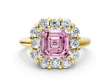 Yellow gold Fancy Pink Asscher  Halo Cluster Diamond Engagement Ring with Prong Setting and Polished Band_25