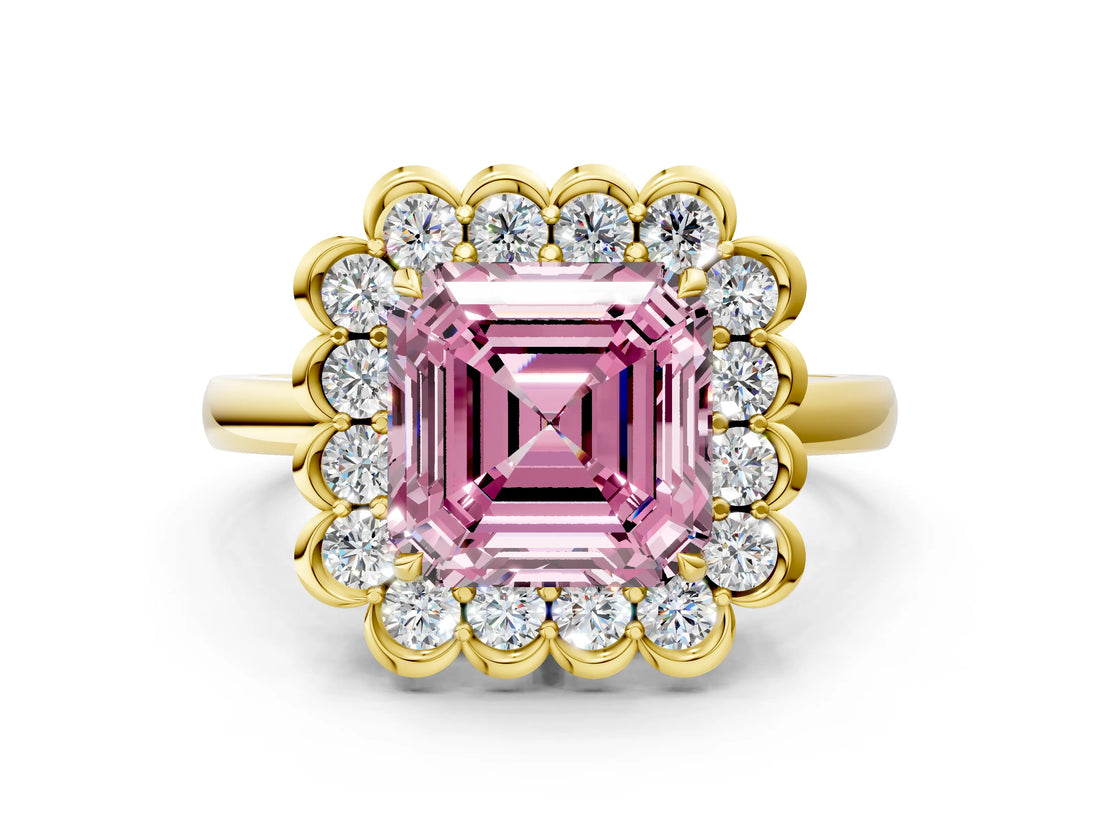 Yellow gold Fancy Pink Asscher  Halo Cluster Diamond Engagement Ring with Solitaire Band and Prong Setting_29