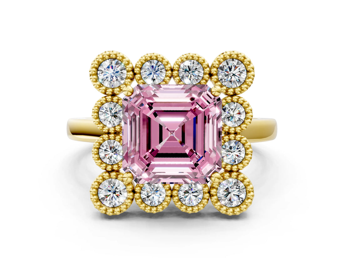 Yellow gold Fancy Pink Asscher  Halo Diamond Cluster Engagement Ring with Milgrain Bezel Setting and Solitaire Band_39