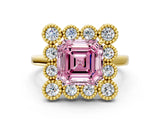 Yellow gold Fancy Pink Asscher  Halo Diamond Cluster Engagement Ring with Milgrain Bezel Setting and Solitaire Band_39
