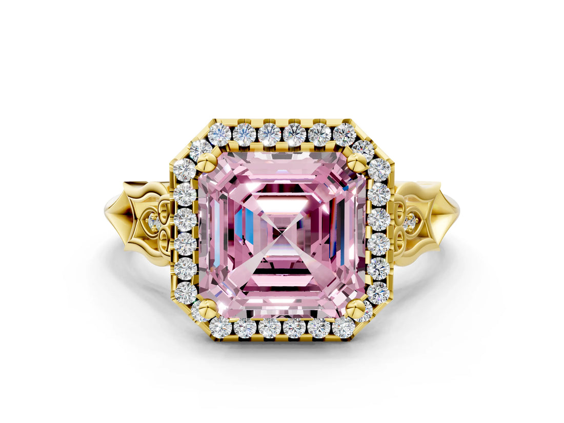 Yellow gold Fancy Pink Asscher  Halo Diamond Engagement Ring with Filigree Band and Four-Prong Setting_69