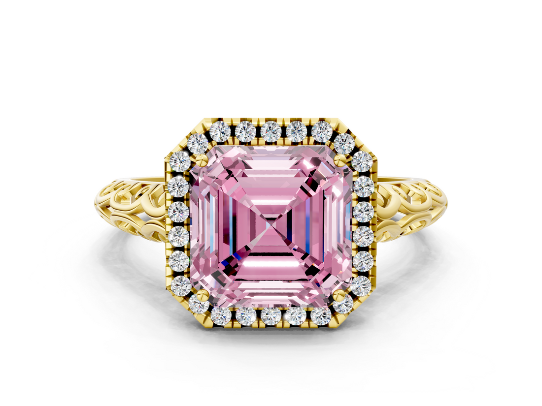 Yellow gold Fancy Pink Asscher  Halo Diamond Engagement Ring with Intricate Filigree Band and Four-Prong Setting