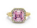 Yellow gold Fancy Pink Asscher  Halo Diamond Engagement Ring with Intricate Filigree Band and Four-Prong Setting