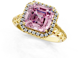 Yellow gold Fancy Pink Asscher  Halo Diamond Engagement Ring with Intricate Filigree Band and Four-Prong Setting_1