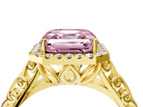 Yellow gold Fancy Pink Asscher  Halo Diamond Engagement Ring with Intricate Filigree Band and Four-Prong Setting_4