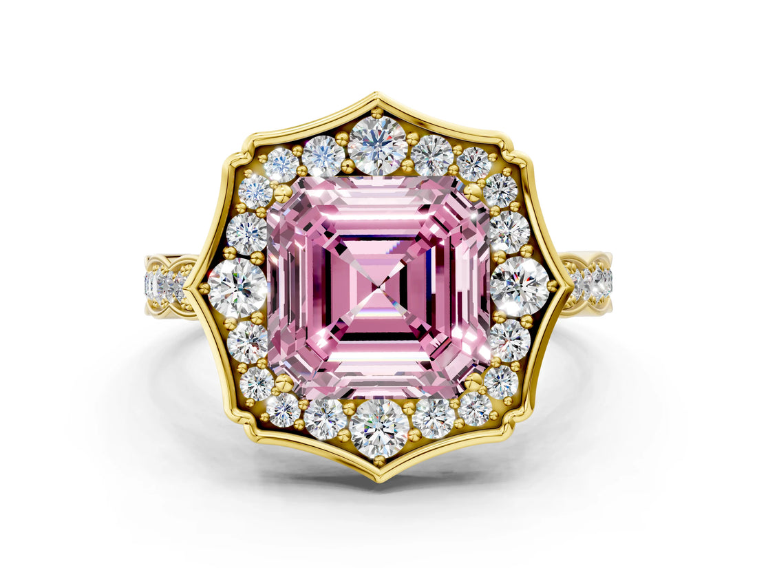 Yellow gold Fancy Pink Asscher  Halo Diamond Engagement Ring with Milgrain Band and Four-Prong Setting_28