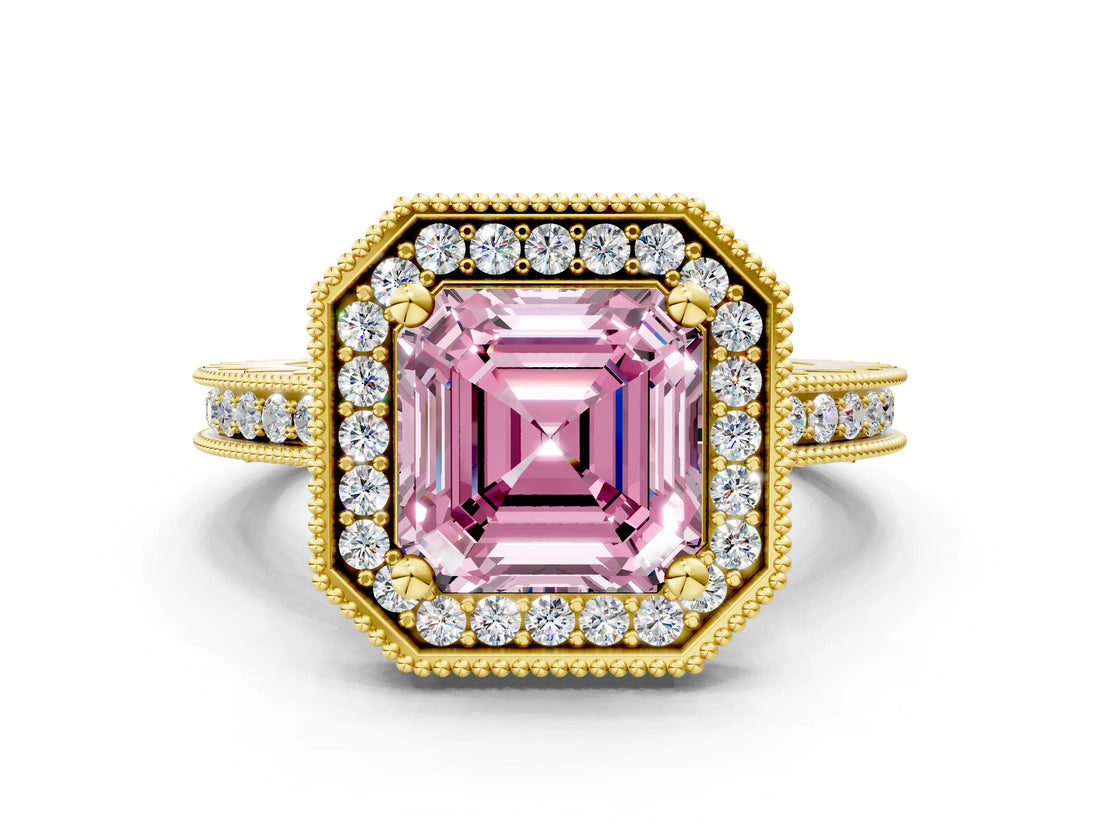 Yellow gold Fancy Pink Asscher  Halo Diamond Engagement Ring with Milgrain Pave Band and Four-Prong Setting_111