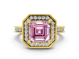 Yellow gold Fancy Pink Asscher  Halo Diamond Engagement Ring with Milgrain Pave Band and Four-Prong Setting_111