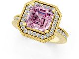 Yellow gold Fancy Pink Asscher  Halo Diamond Engagement Ring with Milgrain Pave Band and Four-Prong Setting_112