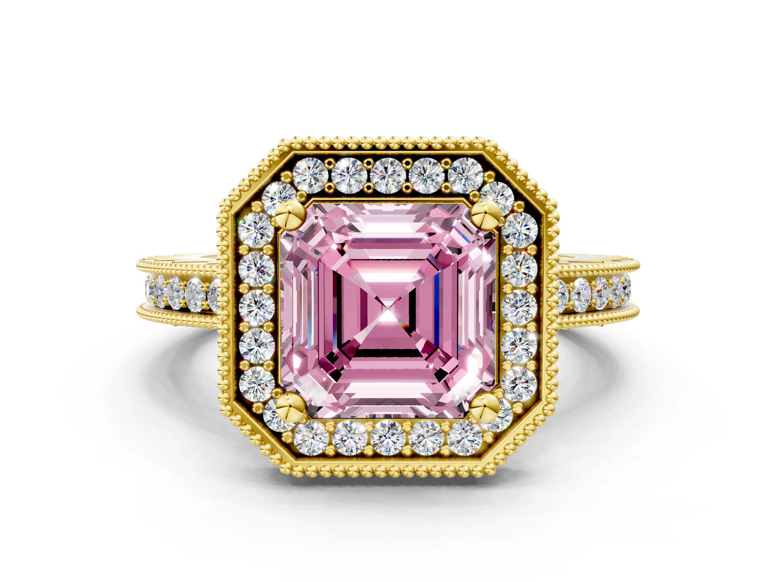 Yellow gold Fancy Pink Asscher  Halo Diamond Engagement Ring with Milgrain Pave Band and Four-Prong Setting_12