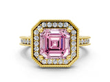 Yellow gold Fancy Pink Asscher  Halo Diamond Engagement Ring with Milgrain Pave Band and Four-Prong Setting_12