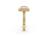 Yellow gold Fancy Pink Asscher  Halo Diamond Engagement Ring with Milgrain Pave Band and Four-Prong Setting_14