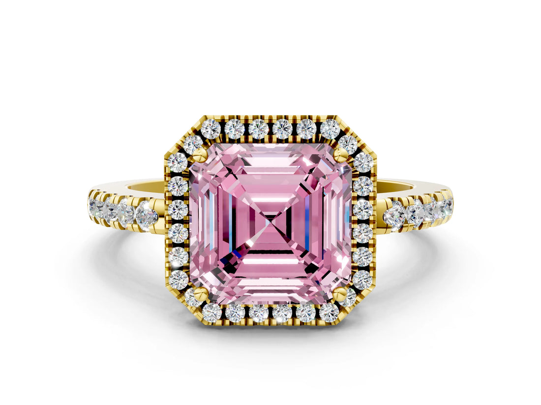 Yellow gold Fancy Pink Asscher  Halo Diamond Engagement Ring with Pavé Band and Four-Prong Setting_40