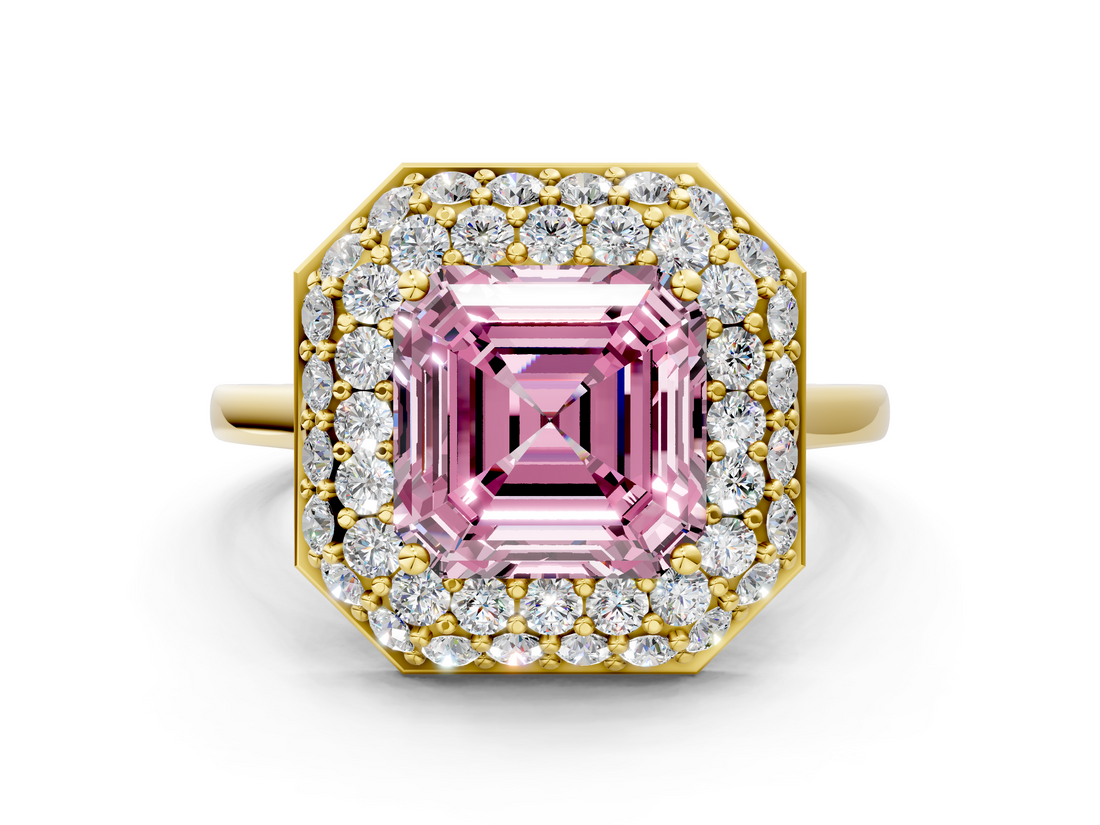 Yellow gold Fancy Pink Asscher  Halo Diamond Engagement Ring with Solitaire Band and Four-Prong Setting_17