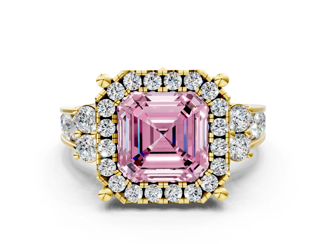 Yellow gold Fancy Pink Asscher  Halo Diamond Engagement Ring with Split Shank and Four-Prong Setting