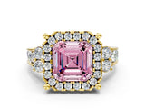 Yellow gold Fancy Pink Asscher  Halo Diamond Engagement Ring with Split Shank and Four-Prong Setting