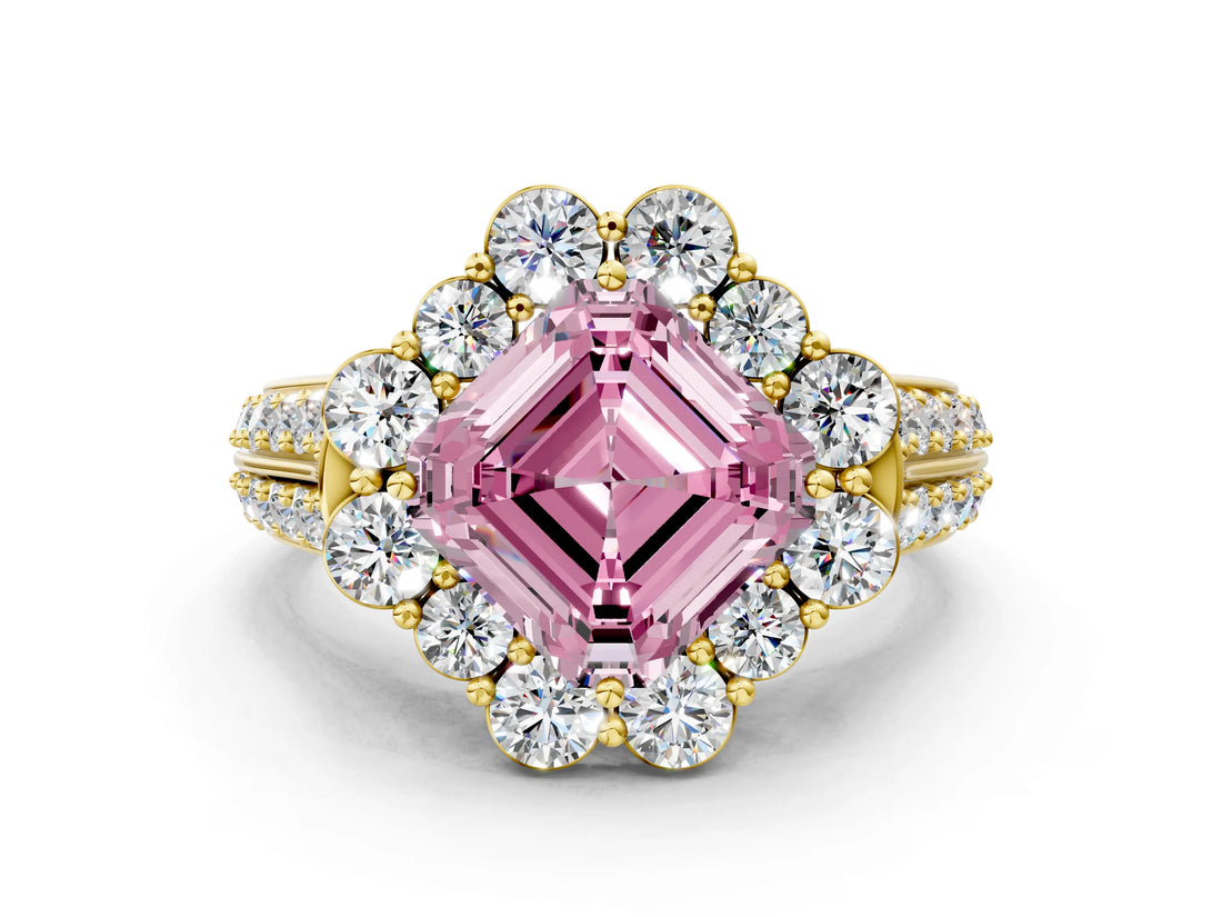 Yellow gold Fancy Pink Asscher  Halo Diamond Engagement Ring with Split Shank and Prong Setting_45
