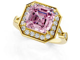 Yellow gold Fancy Pink Asscher  Halo Diamond Engagement Ring with Twisted Band and Four-Prong Setting 1