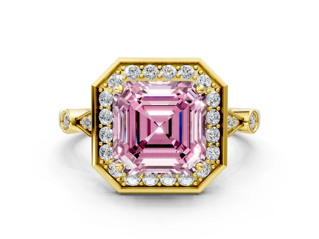 Yellow gold Fancy Pink Asscher  Halo Diamond Engagement Ring with Twisted Band and Four-Prong Setting