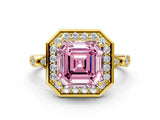 Yellow gold Fancy Pink Asscher  Halo Diamond Engagement Ring with Twisted Band and Four-Prong Setting