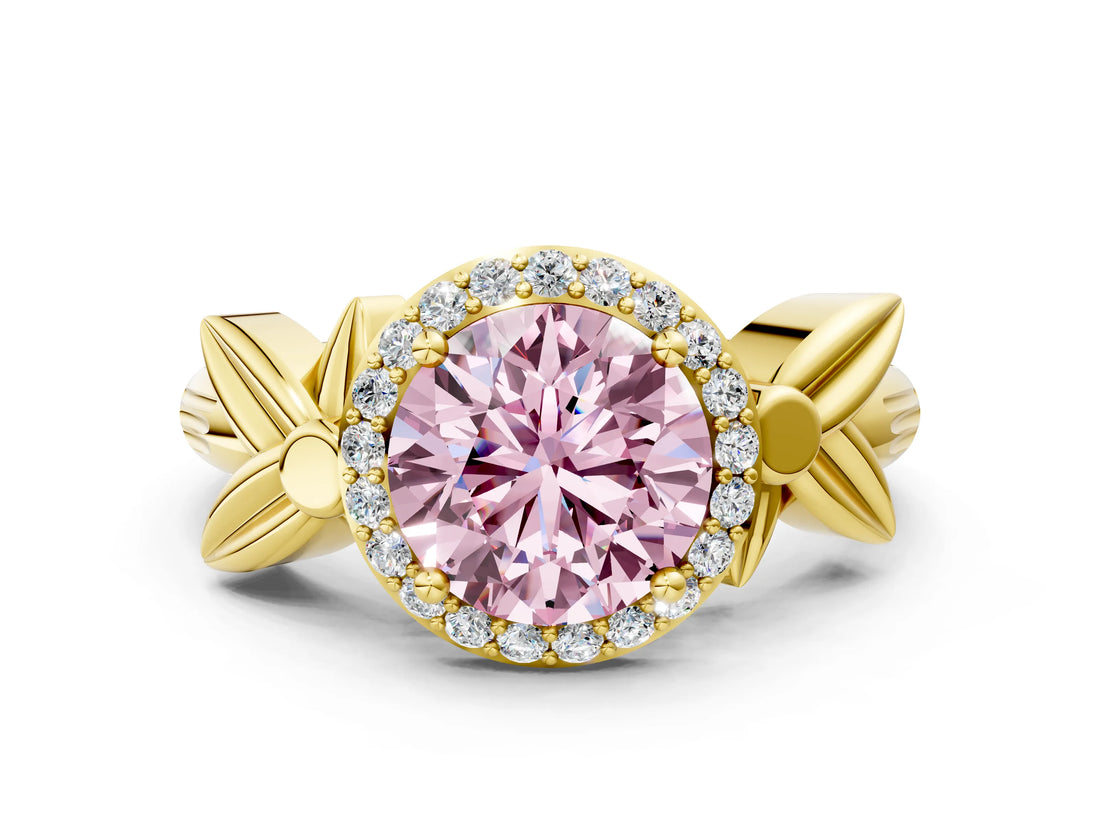 Yellow gold Fancy Pink Asscher  Halo Diamond Floral Band with Four-Prong Setting_35