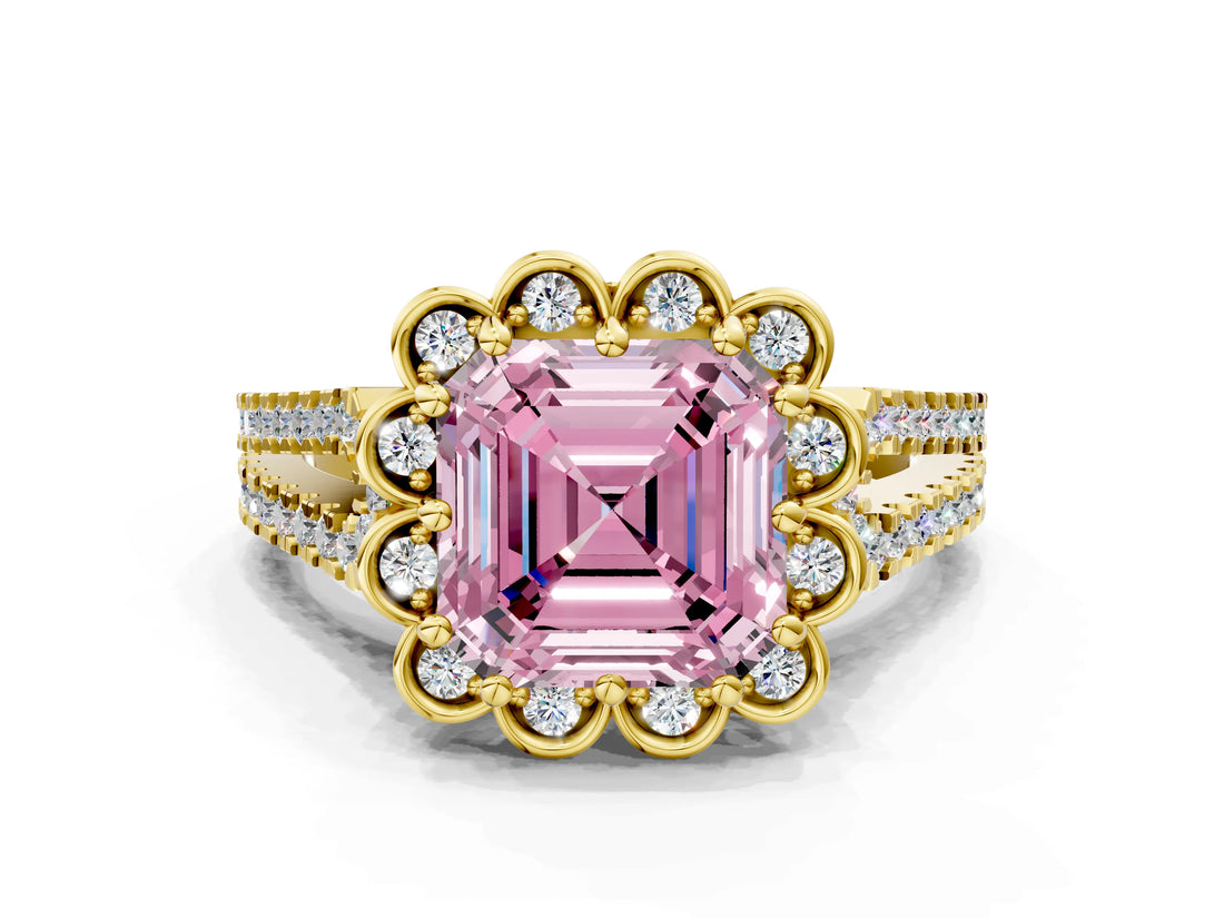 Yellow gold Fancy Pink Asscher  Halo Diamond Floral Split Shank Engagement Ring 2