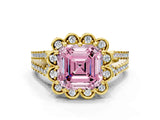 Yellow gold Fancy Pink Asscher  Halo Diamond Floral Split Shank Engagement Ring 2