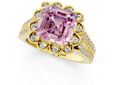 Yellow gold Fancy Pink Asscher  Halo Diamond Floral Split Shank Engagement Ring 3