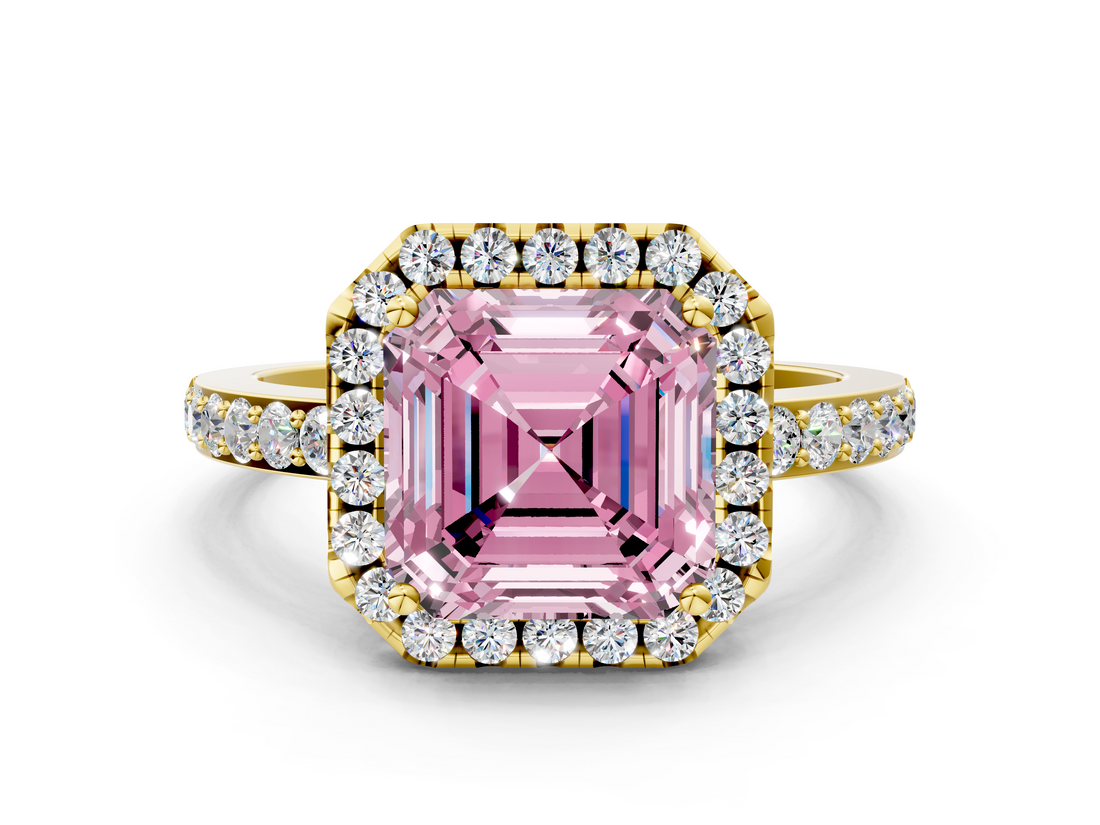 Yellow gold Fancy Pink Asscher  Halo Diamond Pavé Band Ring with Prong Setting